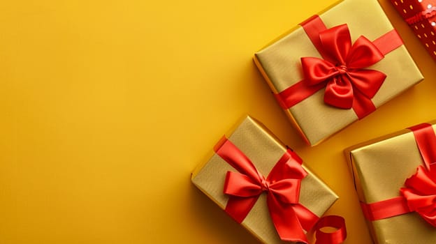 Vibrant top view of golden gift boxes tied with red ribbons, symbolizing celebration, surprise, and festive moments on bright yellow background.