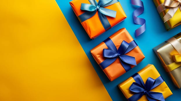 Vibrant top view of colorful gift boxes with elegant ribbons on bright blue and yellow background, concept of celebration and surprise.