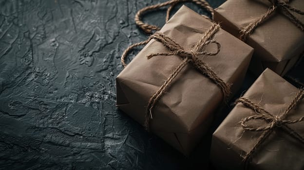 Top view of elegantly wrapped gift boxes with twine on a dark, textured background, evoking a sense of mystery and anticipation.