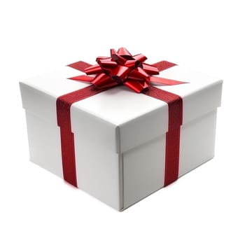 Close-up of an elegant white gift box adorned with shiny red ribbon, isolated on white background. Perfect for festive and special occasions.