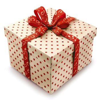 Isolated gift box with red ribbon featuring polka dots on white background, perfect for special occasions.