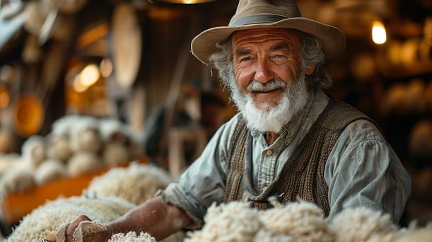 Smiling elderly farmer shearing wool off sheep with scissors in sunny, rustic farm setting, showcasing rural life and livestock care. Generative AI
