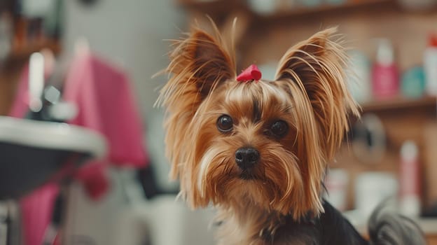 Portrait of a cute Yorkshire Terrier with a topknot bow sitting in a dog grooming salon, showcasing her fashionable hairstyle.