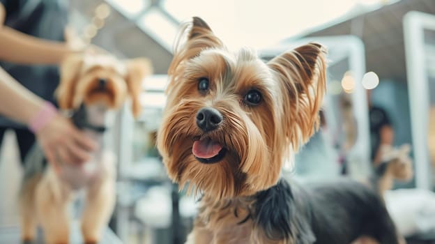 Yorkshire Terrier looks happy while getting groomed in an upscale, modern dog salon with professional groomers in background
