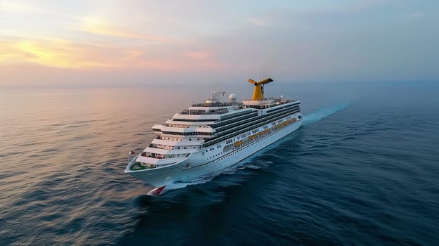 Majestic cruise ship voyaging through calm sea waters of Mediterranean with beautiful sunset in background; concept of luxury travel