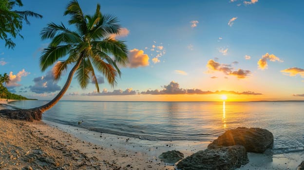 Serene tropical sunrise over calm sea with beach, palm tree, and rocks. Perfect for vacation and travel themes.