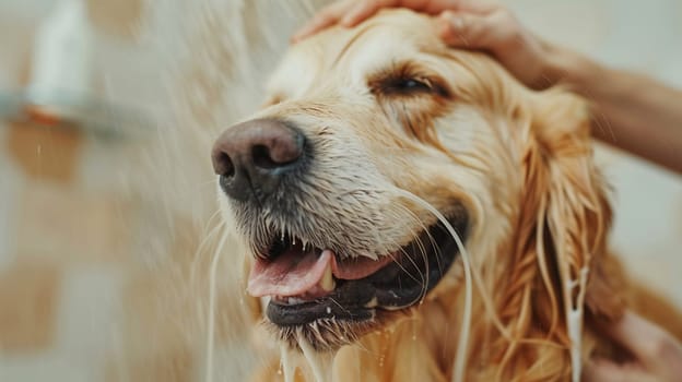 Close-up of joyful golden retriever being bathed during grooming session at pet salon, showcasing care and hygiene for dogs.