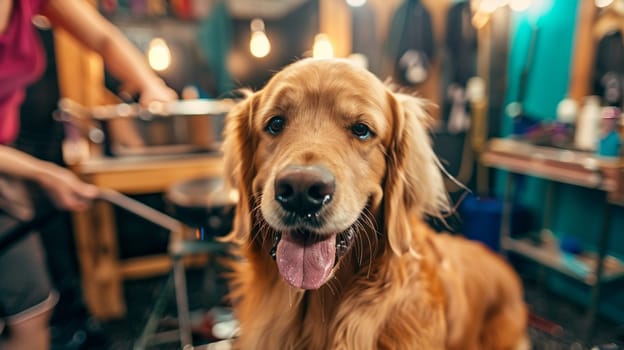 Close-up of joyful golden retriever being groomed in vibrant dog salon. Concept of pet care, grooming and happy animals.