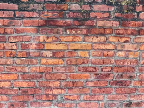 A brick wall with a lot of cracks and dirt on it. The wall is red and brown in color