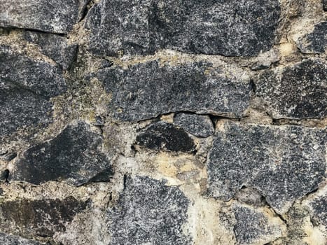 A wall made of stone with a lot of dirt and grime on it. The wall is old and worn, with a rough texture