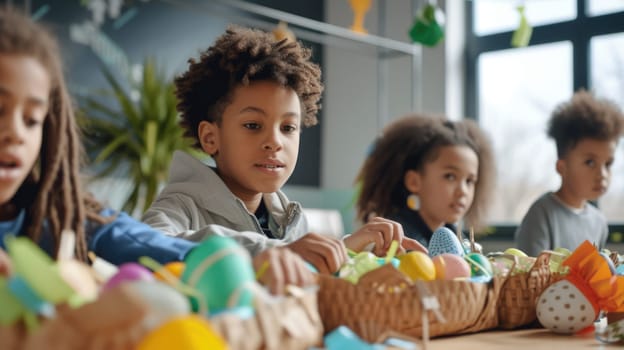 A group of happy children are gathered around a table, smiling and sharing Easter eggs from storage baskets. The toddlers and babies are having fun at this leisure event, building memories together AIG42E