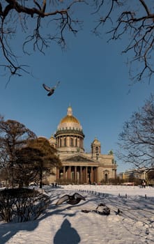 Snow-covered Park in front of St. Isaac's Cathedral in St. Petersburg - Russia in the spring sun. High quality photo