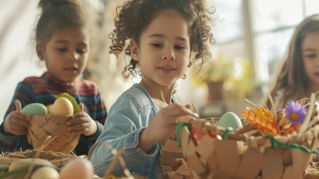 A group of happy children are gathered around a table, smiling and sharing Easter eggs from storage baskets. The toddlers and babies are having fun at this leisure event, building memories together AIG42E