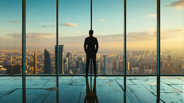 A man in a suit is gazing out of a window at the city skyline, filled with skyscrapers and tower blocks. The sky is filled with fluffy clouds, and the horizon meets the water in the distance