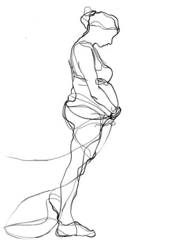 A monochromatic illustration of a pregnant woman cradling her belly with a gentle gesture, showcasing intricate details of neck, sleeve, knee, and headgear in the art piece