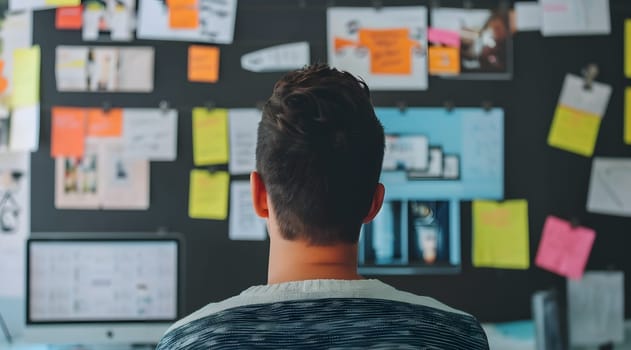 man overviewing a board with notes on the wall, generative ai. High quality photo