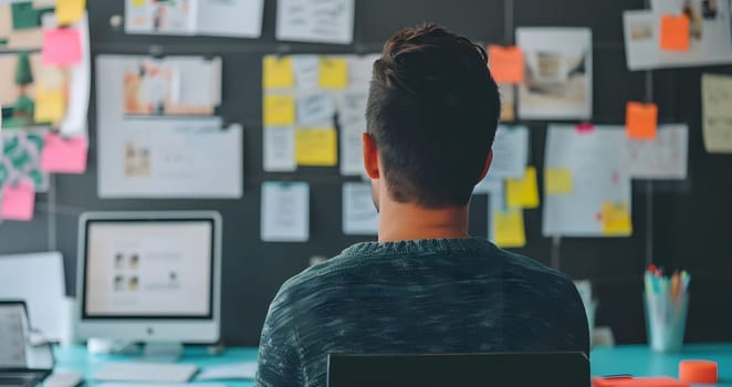 man overviewing a board with notes on the wall, generative ai. High quality photo