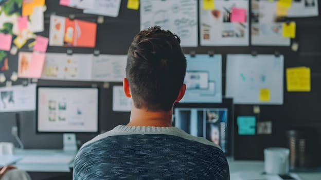 man overviewing a board with notes on the wall, generative ai. High quality photo