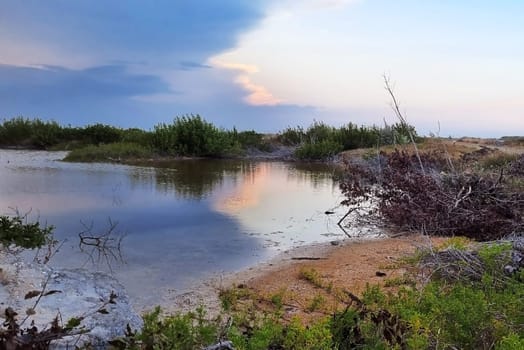 Pink lake in Cuba, Cayo Coco island. It has its color because of the plankton