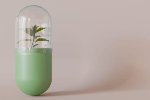 Elegant homeopathy capsule with a plant inside, conveying natural and alternative medicine concepts, ideal for wellness and healthcare imagery. Homeopathic therapy. Copy space for text. 3D rendering