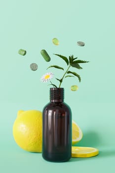 A dynamic composition with herbal pills and a plant sprouting from a bottle, illustrating the natural essence of homeopathic remedies. Copy space for text. Vertical format. Alternative medicine. 3D