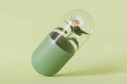 A modern homeopathy pill concept with a daisy encased, ideal for advertising natural treatments and eco-friendly medicine. Homeopathic therapy. 3D rendering