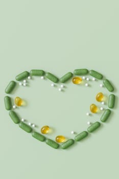 Herbal and homeopathic supplements artfully arranged in a heart shape on a pastel green background, perfect for themes of natural health. Vertical format. Copy space for text. 3D render