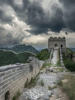 The Great Wall of China stretches majestically across the landscape, with the iconic towering structure contrasted against a cloudy sky.