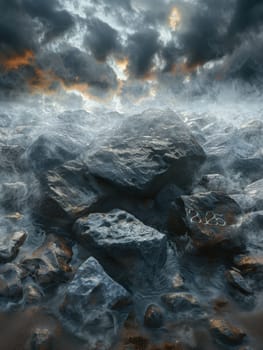 A photograph showing a collection of rocks surrounded by water with a cloudy sky as the backdrop.