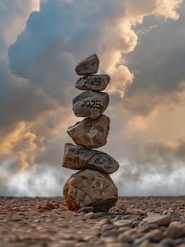A stack of rocks sits on top of a sandy beach, creating an interesting focal point in the natural landscape.