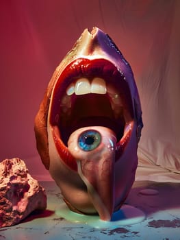 A jawdropping artwork depicting a statue of a womans head with an electric blue eye protruding from its mouth, blending human body with fiction and entertainment