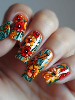 A detailed closeup of a womans nails with intricate flower designs painted on them using nail polish. A stunning example of creative nail art and meticulous nail care