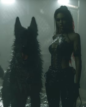 A woman stands next to a dog in a dimly lit room.