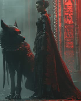 A woman dressed in a red dress confidently stands beside a majestic wolf.