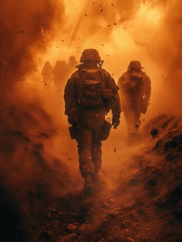 A group of soldiers moves forward through a tunnel of dense smoke, as they navigate their way in a challenging environment.