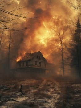 A house engulfed in flames amidst a dense forest, with billowing smoke rising into the sky.