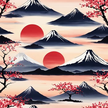 Majestic Mount Fuji, Japans iconic peak, bathed in warm hues of breathtaking sunset. Tranquil beauty of scene is accentuated by blending colors of sky. For art, creative projects, fashion, magazines