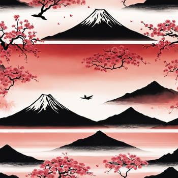 Majestic Mount Fuji in foreground, complemented by delicate backdrop of cherry blossoms in full bloom, tranquility of Japans iconic landscapes. For art, creative projects, fashion, style, magazines