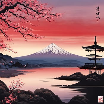 Traditional Japanese pagoda with iconic Mount Fuji in background, capturing essence of Japans natural beauty, cultural heritage. For interior, commercial spaces to create stylish atmosphere, print