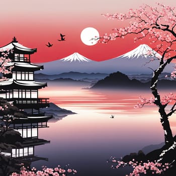 Serene landscape with mountain, pagoda in background. Sky is filled with beautiful pink hue, and moon is shining brightly. Concept of peace, tranquility. For art, creative projects, fashion, magazines