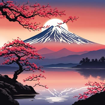 Majestic Mount Fuji in foreground, complemented by delicate backdrop of cherry blossoms in full bloom, tranquility of Japans iconic landscapes. For art, creative projects, fashion, style, magazines