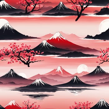 Majestic Mount Fuji, Japans iconic peak, bathed in warm hues of breathtaking sunset. Tranquil beauty of scene is accentuated by blending colors of sky. For art, creative projects, fashion, magazines