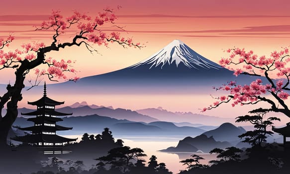 Serene landscape with mountain, pagoda in background. For meditation apps, on covers of books about spiritual growth, in designs for yoga studios, spa salons, illustration for articles on inner peace