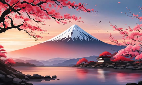 Painting of japanese Mount Fuji at sunset. For meditation apps, on covers of books about spiritual growth, in designs for yoga studios, spa salons, illustration for articles on inner peace, banner