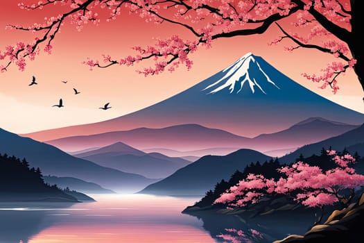 Mount Fuji range with red tree in foreground. For meditation apps, on covers of books about spiritual growth, in designs for yoga studios, spa salons, illustration for articles on inner peace, print