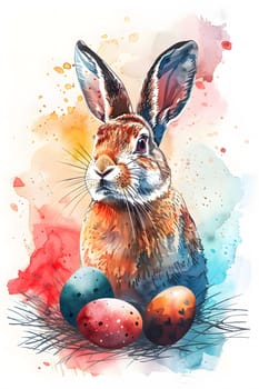 An art painting featuring a rabbit surrounded by Easter eggs. The rabbit has whiskers, fawncolored fur, and long ears. The watercolor depicts a cute bunny with a pink snout