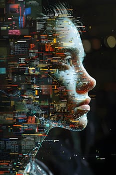 A photomontage artwork depicting a mans face with pixelated details, exploring themes of darkness and graphic design in visual arts