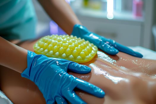 Close up of a persons hands wearing blue gloves while holding a corn on the cob.