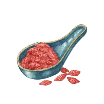 Ceramic asian spoon with dry pile of goji berries. Hand-drawn watercolor clipart of mature licium barbarum fruits. Design for printing, packaging, cards, food supplements isolated on white.