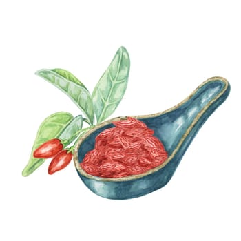 Ceramic Asian spoon with dry and fresh goji berries. Hand-drawn watercolor clipart of red licium barbarum fruits and leaf. Design for printing, packaging, cards, food supplements isolated on white.